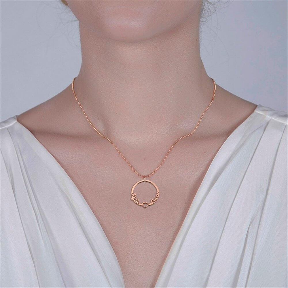 Sterling Silver Circle Two Name Necklace With Heart Ainuoshi