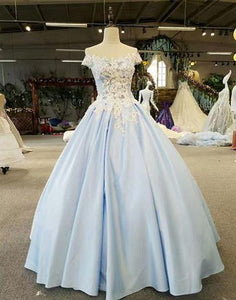 light blue off the shoulder ball gown