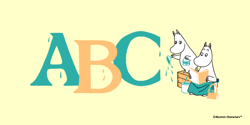 yellow ABC poster with Moomintroll and Moominmamma reading and writing