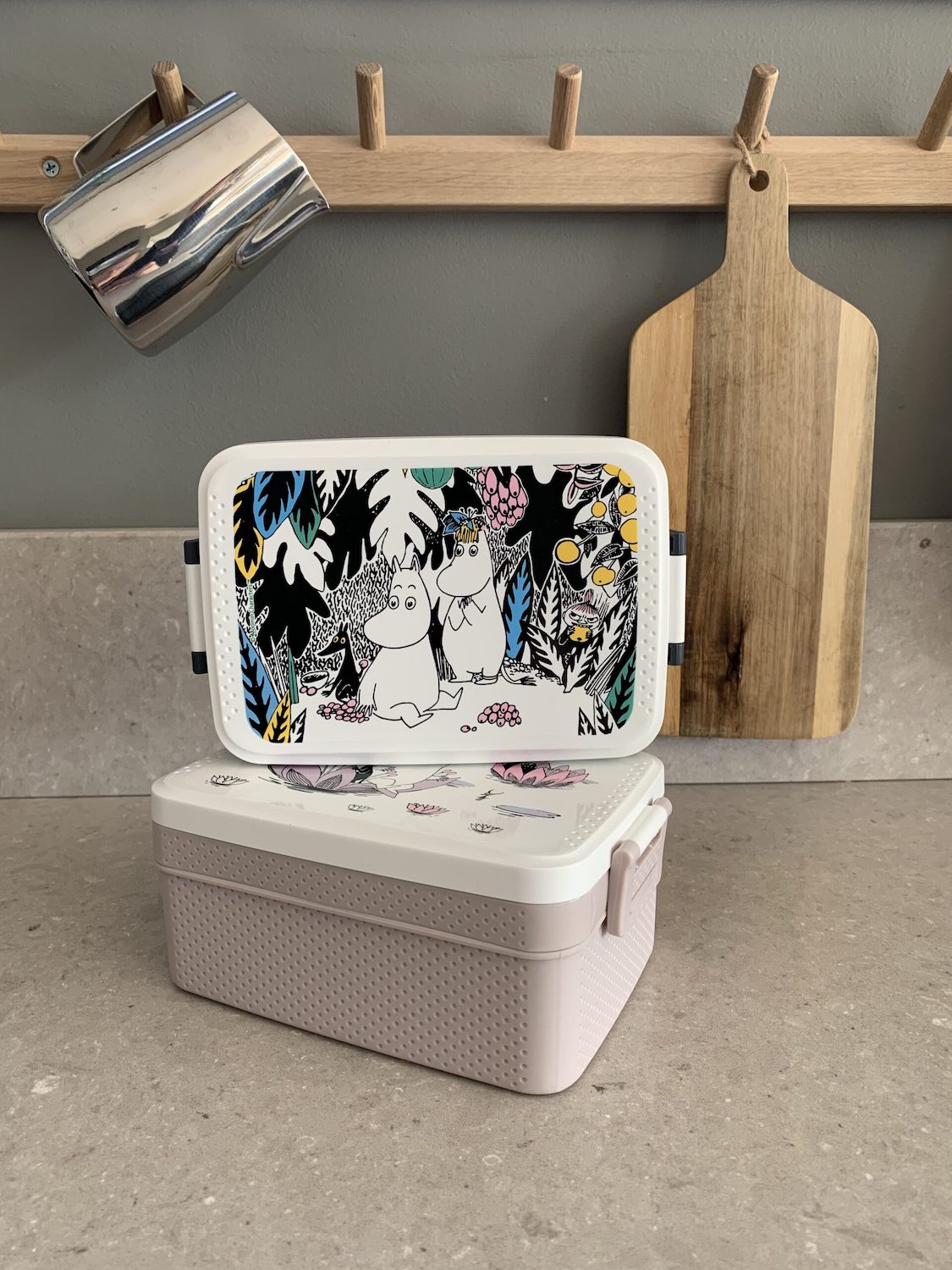 Moomin lunch box on kitchen counter