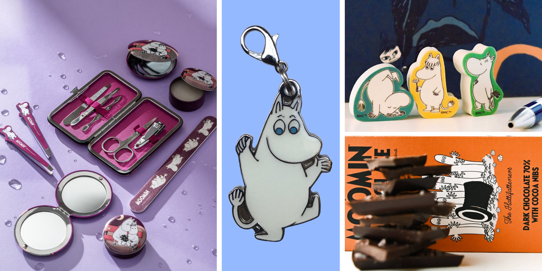 Selection of Moomin Stocking Fillers, chocolate, charms, erasers and nail accessories