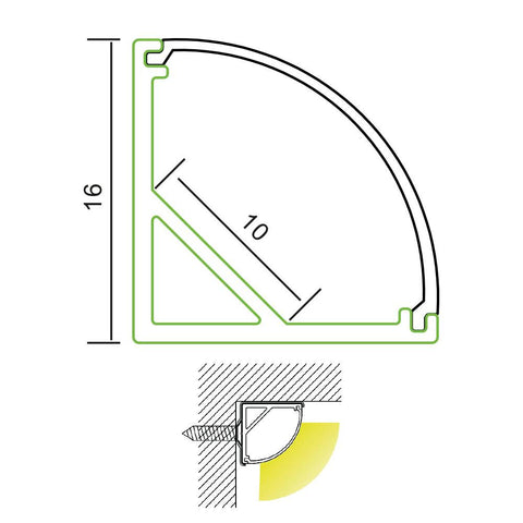 Measurements: Rounded Corner Aluminium Profile Housing for LED Strip (2m)