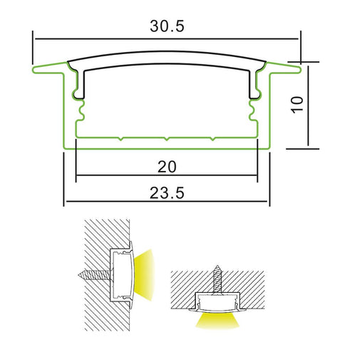 Measurements: Wide Recessed Aluminium Profile Channel for LED Strip (2m)