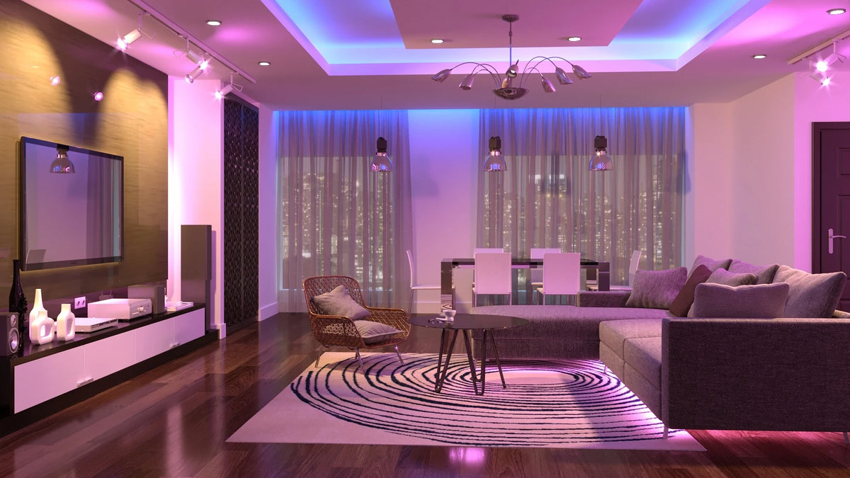 RGB colour changing lighting example in living room & dining area