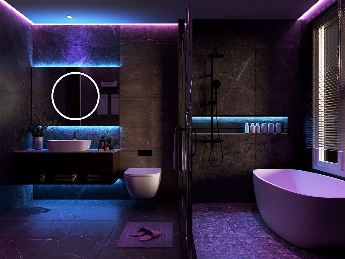 RGB colour changing lighting example in bathroom