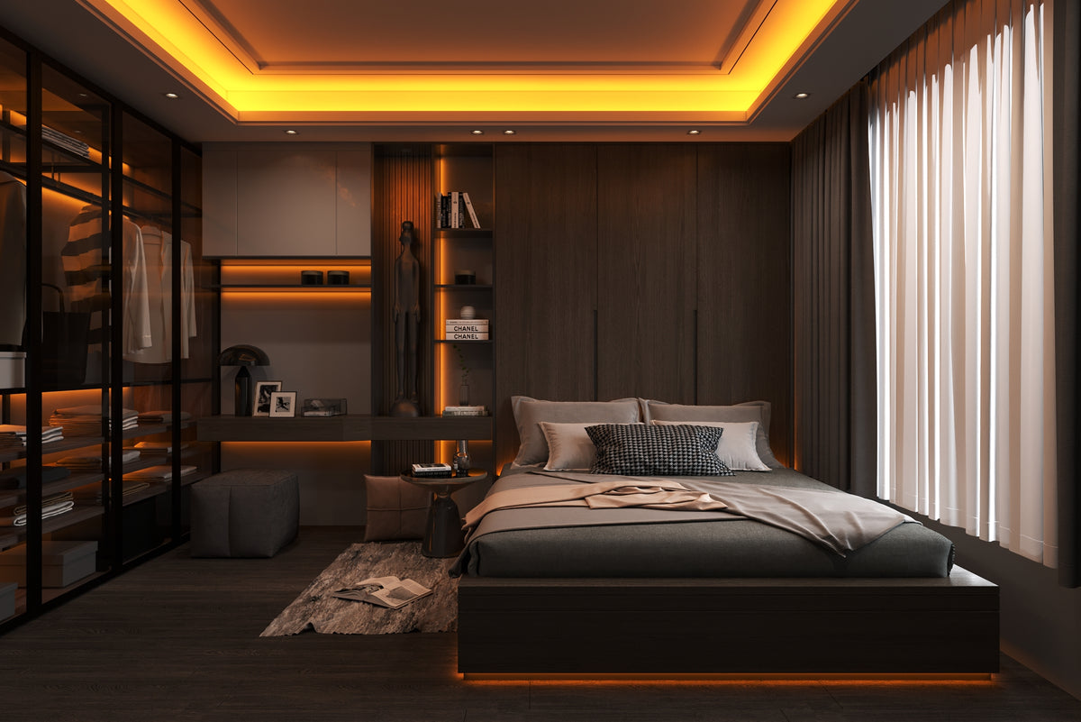 Warm white LED strip lighting example, in a bedroom setting.