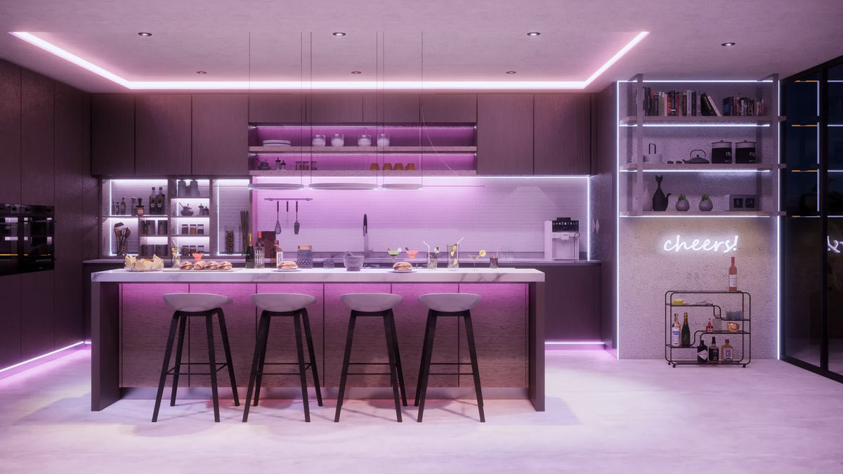 Example of RGBW colour changing lights in a kitchen setting