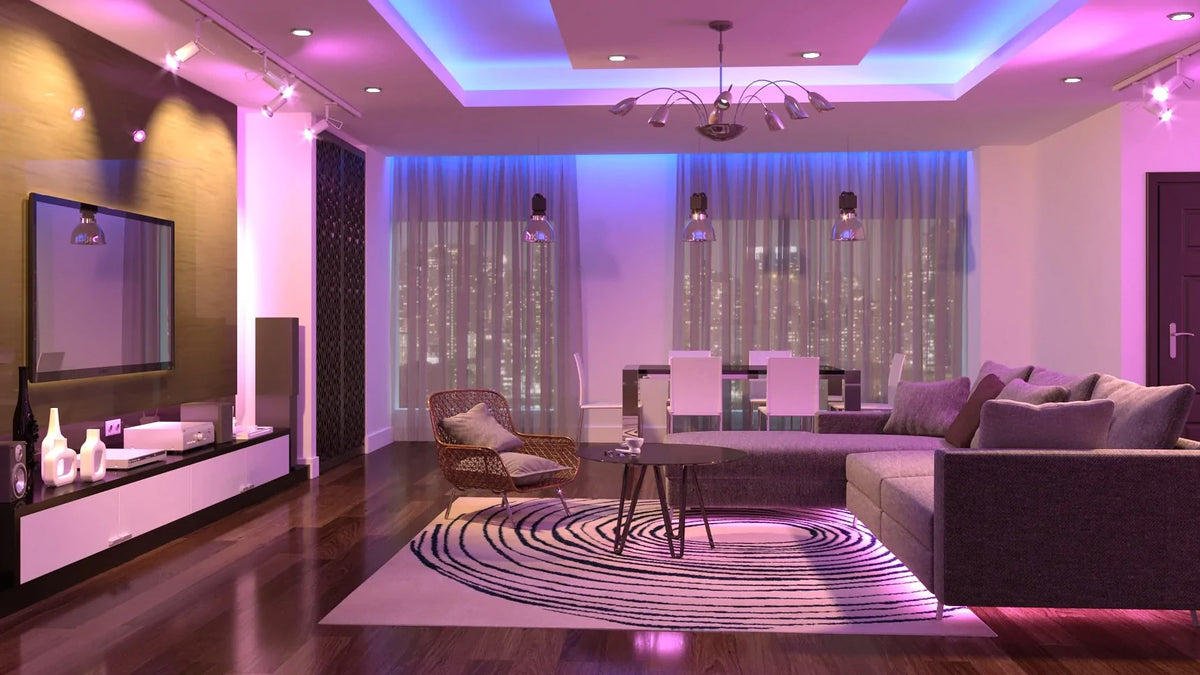 Example of RGBW colour changing lights in a lounge & dining room setting