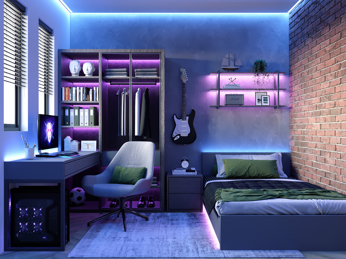 RGB colour changing lighting example in bedroom