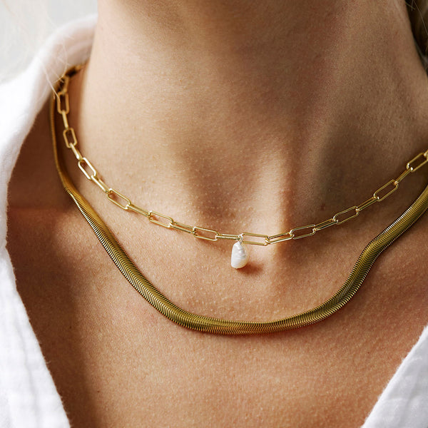 Yellow Gold Plated Pearl Paperclip Necklace