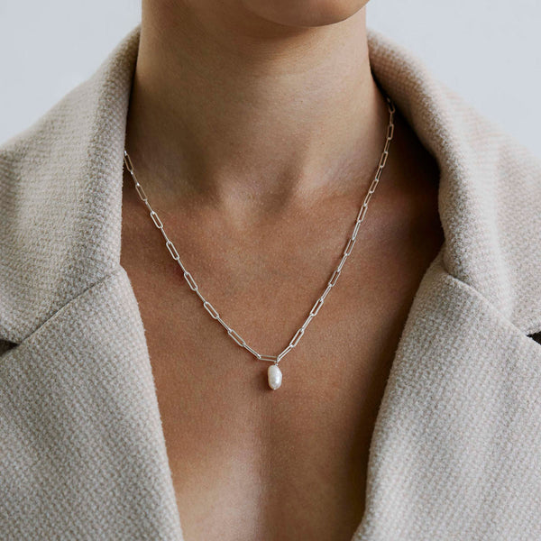 Silver Pearl Paperclip Necklace