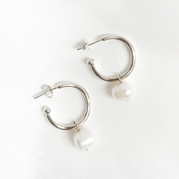 Silver Pearl Hoop Earrings