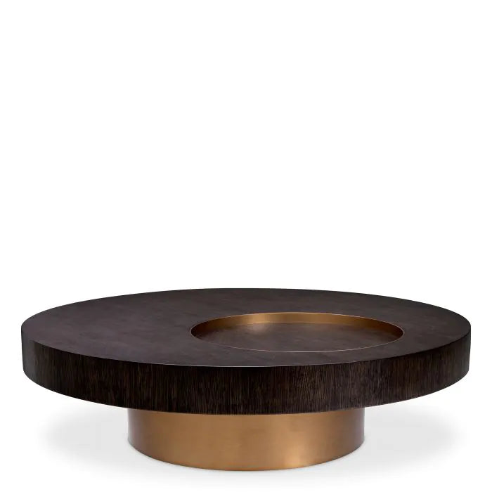 Product photograph of Eichholtz Coffee Table Otus Round Mocha Oak Veneer Brushed Brass Finish from Olivia's