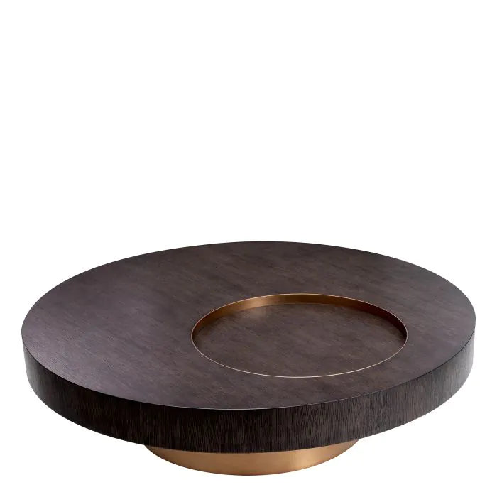 Product photograph of Eichholtz Coffee Table Otus Round Mocha Oak Veneer Brushed Brass Finish from Olivia's.