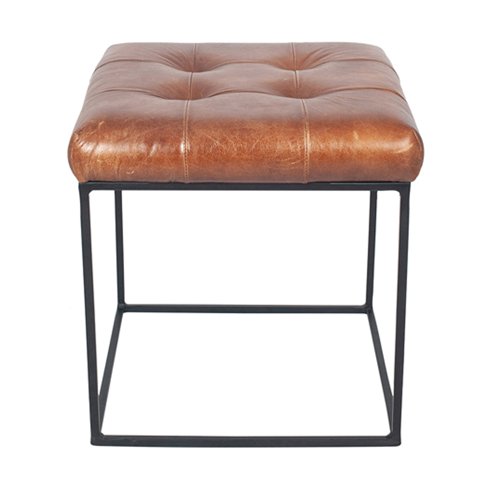 Product photograph of Olivia S Celina Vintage Leather And Iron Buttoned Stool In Brown Outlet from Olivia's