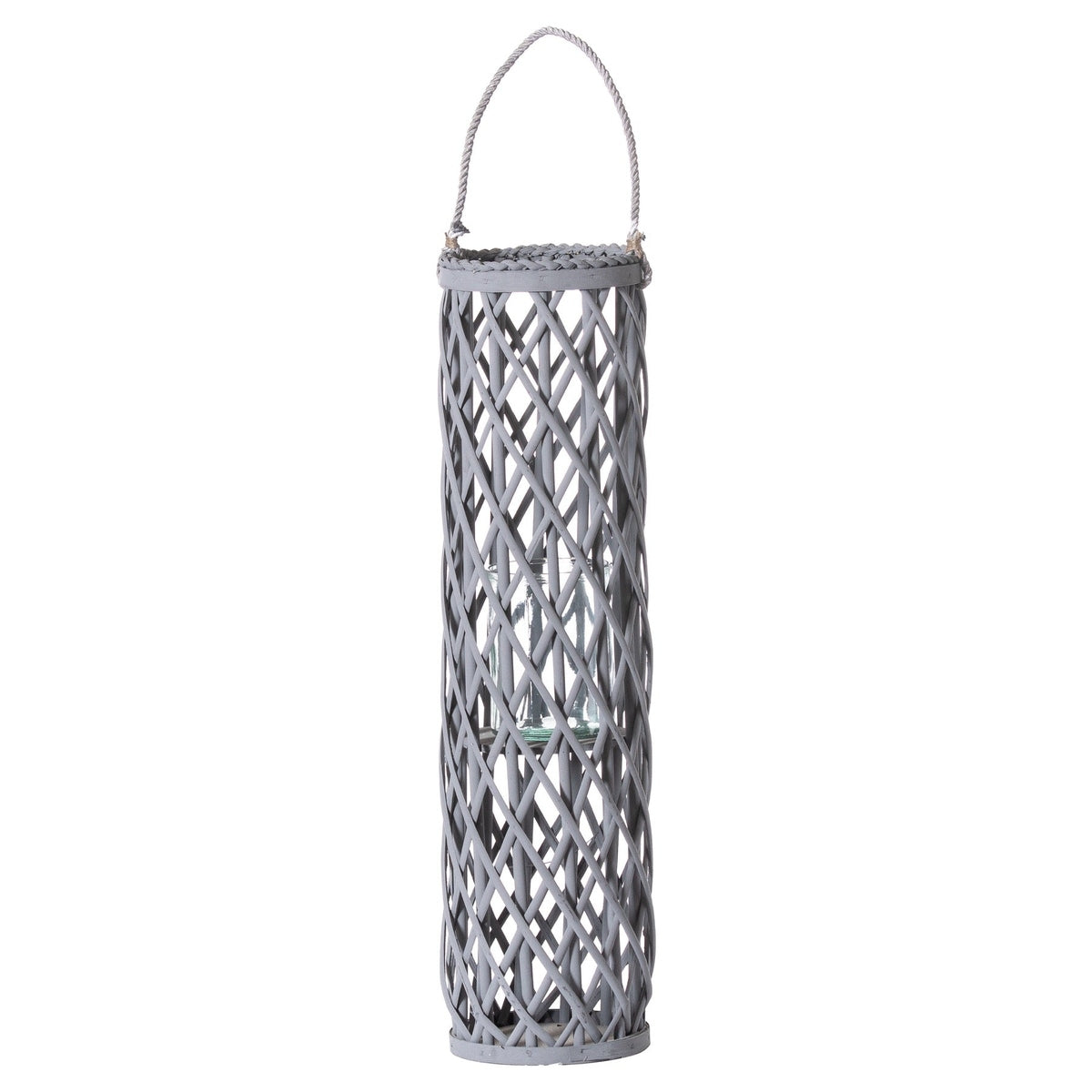 Hill Interiors Wicker Lantern With Glass Hurricane In Grey Large