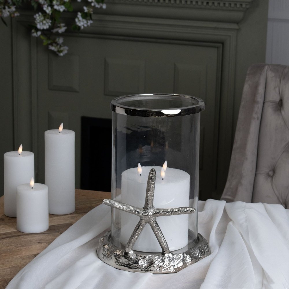 Product photograph of Hill Interiors Starfish Candle Hurricane Lantern In Silver from Olivia's.