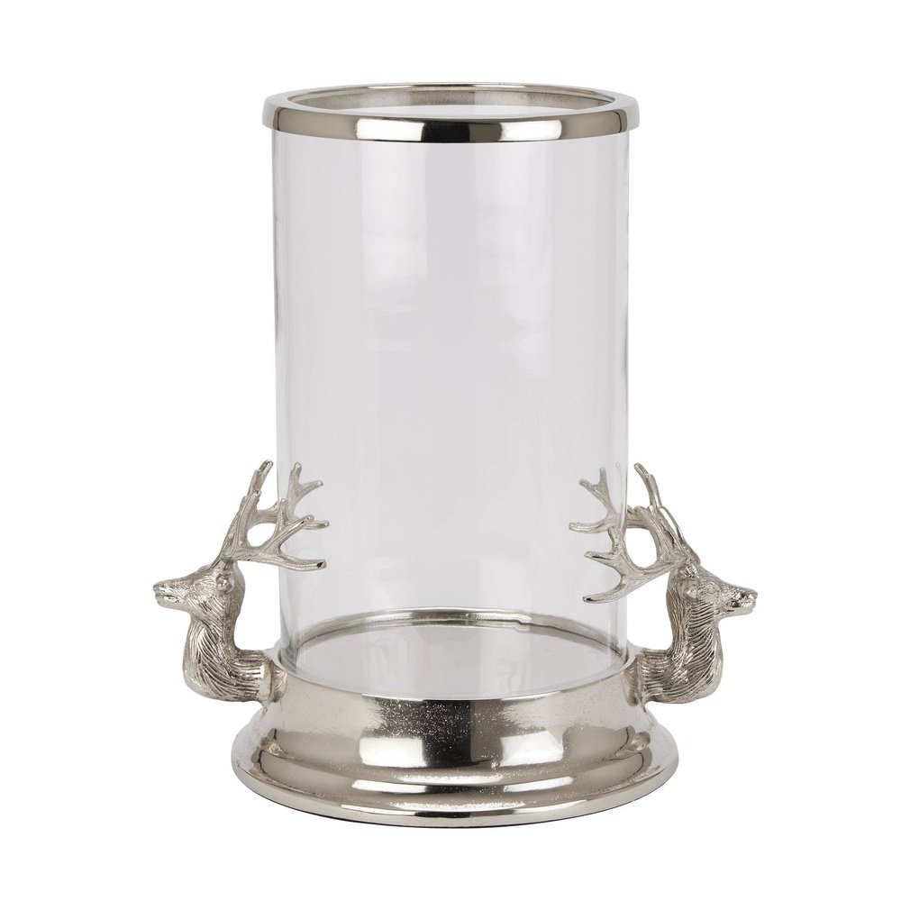 Product photograph of Hill Interiors Stag Heads Hurricane Lantern In Silver from Olivia's