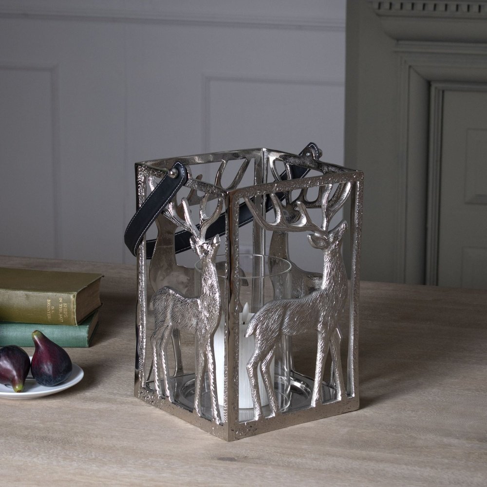 Product photograph of Hill Interiors Stag Hurricane Square Lantern With Black Strap In Silver from Olivia's.