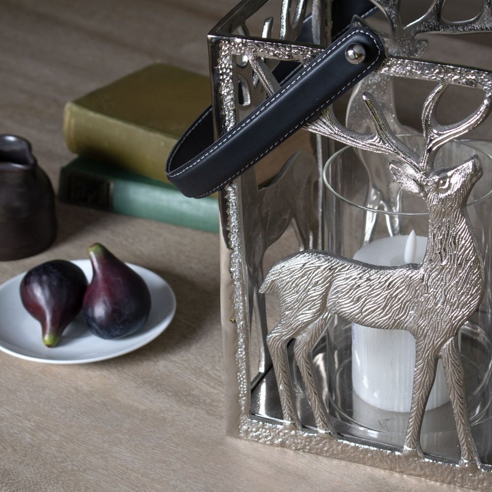 Product photograph of Hill Interiors Stag Hurricane Square Lantern With Black Strap In Silver from Olivia's.