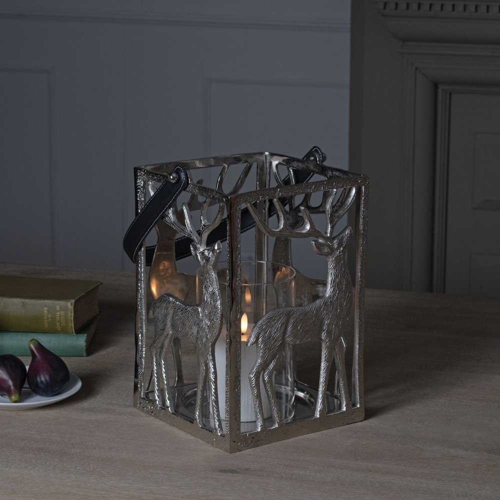 Product photograph of Hill Interiors Stag Hurricane Square Lantern With Black Strap In Silver from Olivia's.