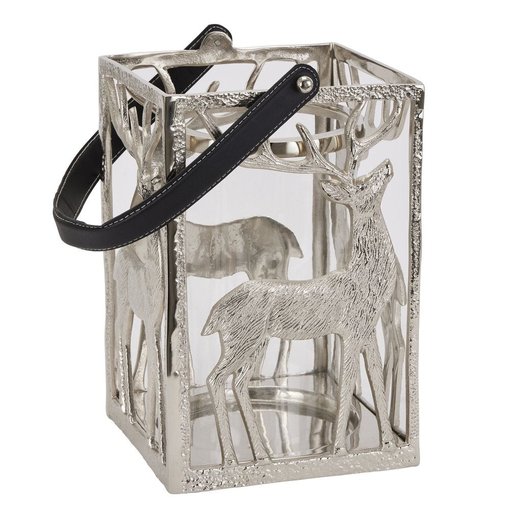 Product photograph of Hill Interiors Stag Hurricane Square Lantern With Black Strap In Silver from Olivia's