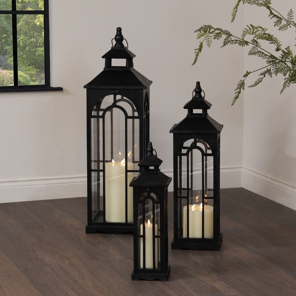 Product photograph of Hill Interiors Set Of Three Wooden Lanterns With Archway Design In Black from Olivia's.
