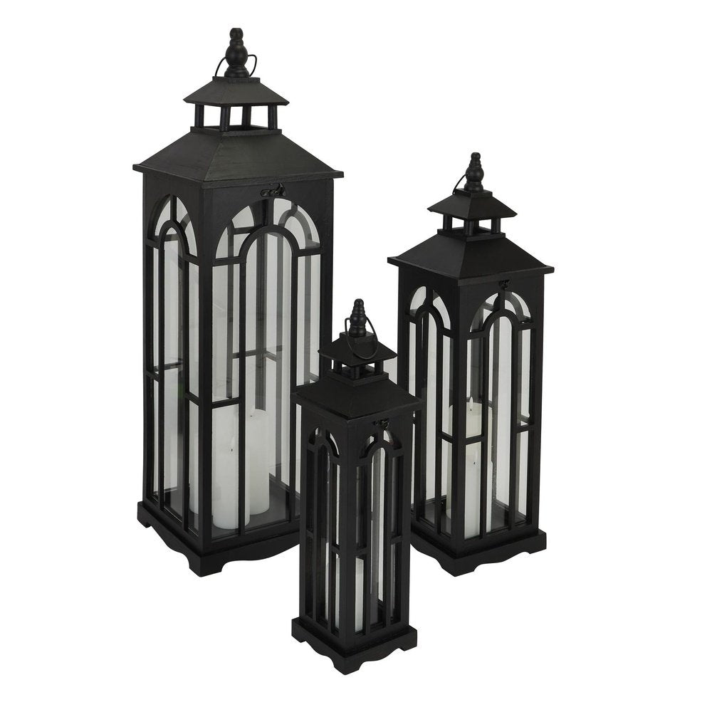 Product photograph of Hill Interiors Set Of Three Wooden Lanterns With Archway Design In Black from Olivia's