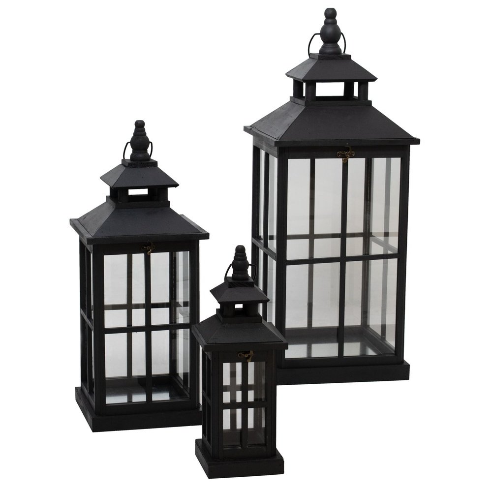 Product photograph of Hill Interiors Set Of 3 Window Style Lanterns With Open Top In Black from Olivia's