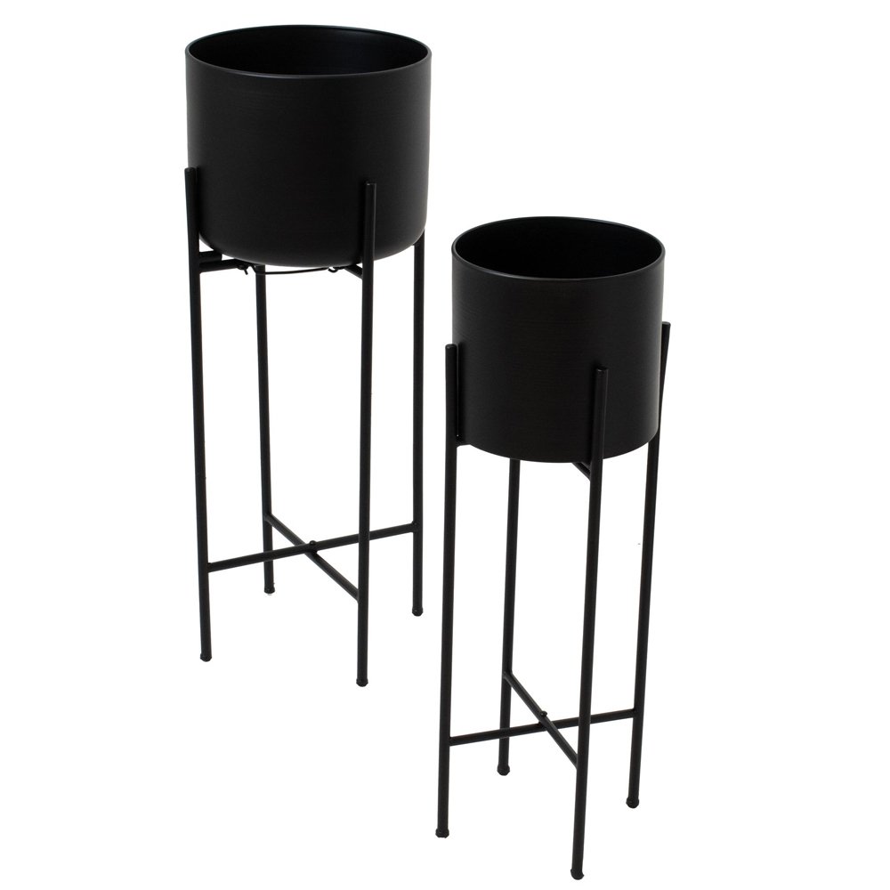 Product photograph of Hill Interiors Set Of Two Matt Black Planters On Stand from Olivia's