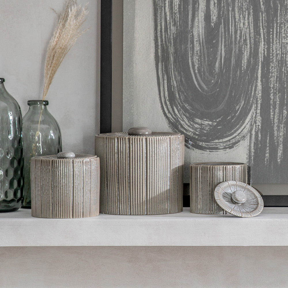 Product photograph of Gallery Interiors Ripley Jar In Grey Outlet Medium from Olivia's.