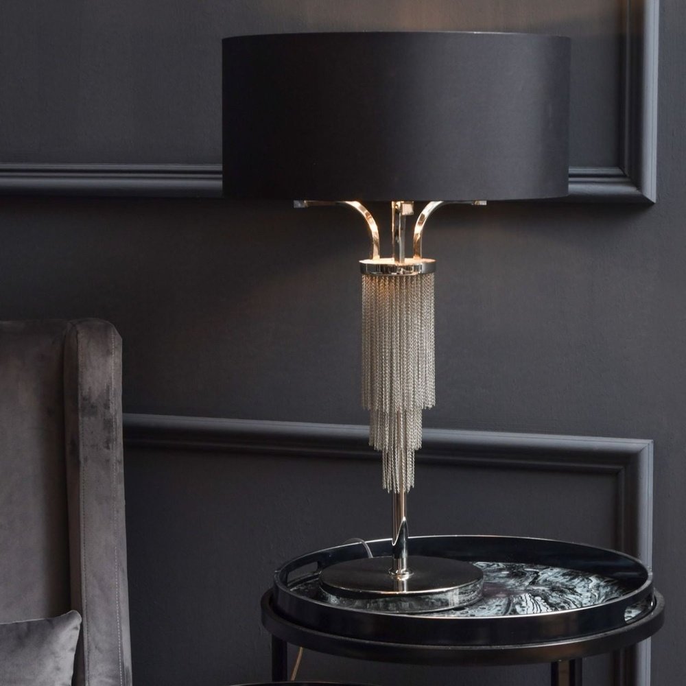 Product photograph of Libra Interiors Langan Table Lamp In With Black Shade Nickel from Olivia's.