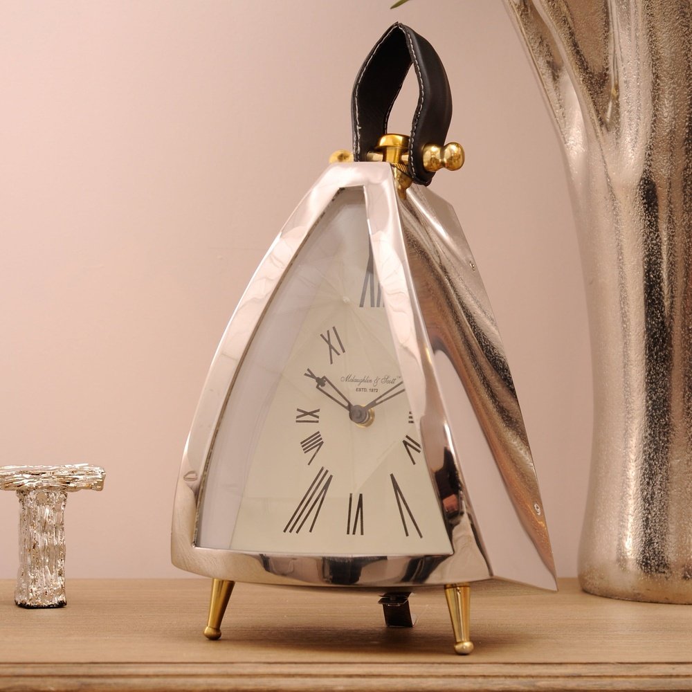 Product photograph of Libra Interiors Isosceles Curved Front Mantel Clock With Leather Handle from Olivia's.