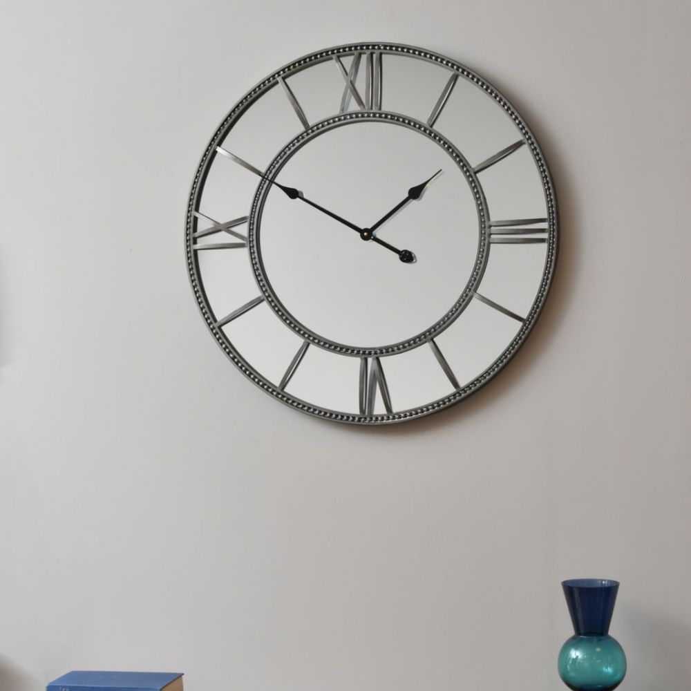 Product photograph of Libra Interiors Framed Beaded Mirrored Round Wall Clock In Grey from Olivia's.