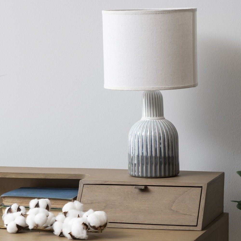 Product photograph of Libra Interiors Porcelain Lamp Ribbed Detailing Shade Small Grey White from Olivia's.