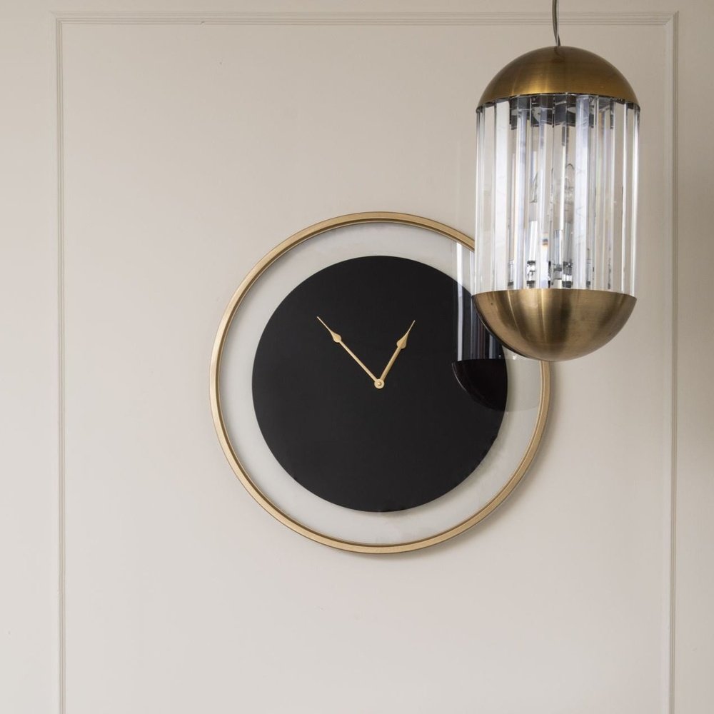 Product photograph of Libra Interiors Telford Black Round Wall Clock With Matt Gold Detail from Olivia's.