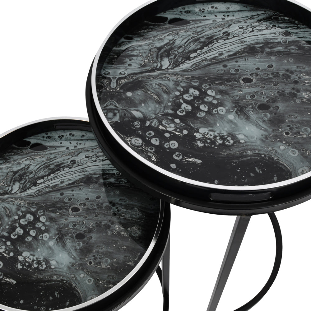 Libra Midnight Mayfair Collection Swirl Set Of Two Side Tables In Monochrome Outlet