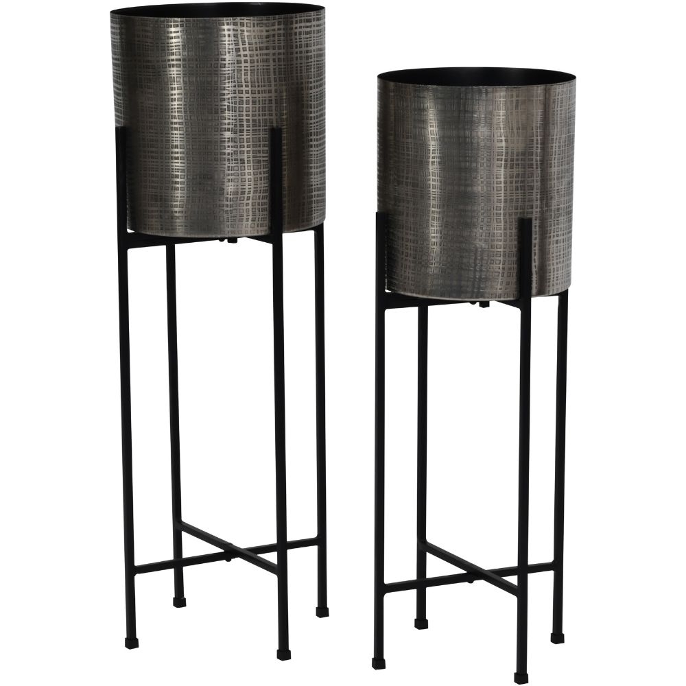 Product photograph of Libra Interiors Clyde Set Of 2 Floor Standing Nickel Planters On Black Stands from Olivia's