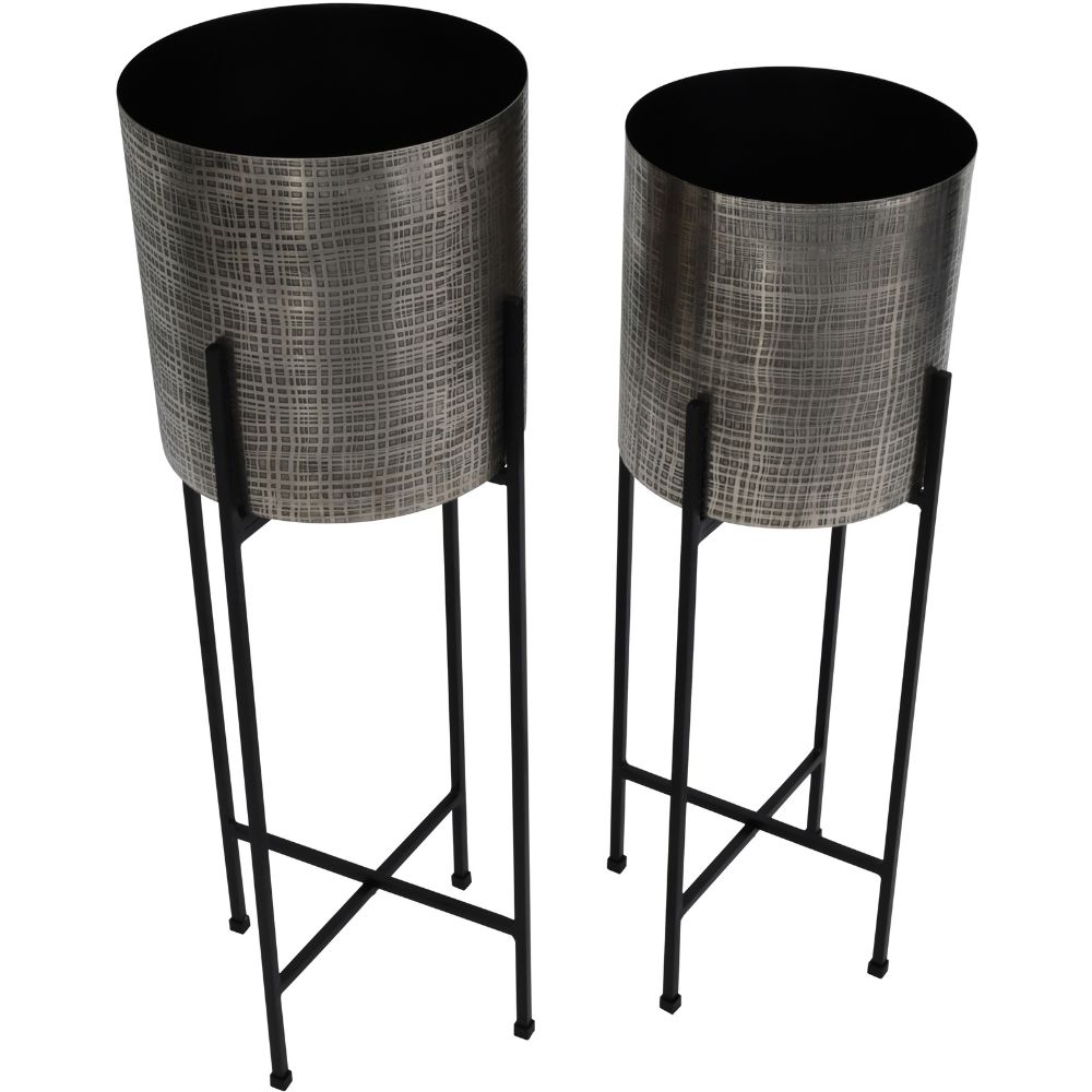 Product photograph of Libra Interiors Clyde Set Of 2 Floor Standing Nickel Planters On Black Stands from Olivia's.