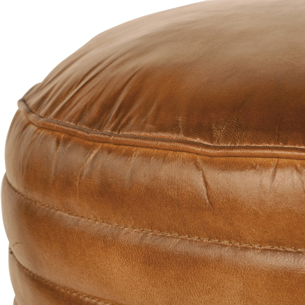 Product photograph of Libra Interiors Round Leather Pouffe In Cognac from Olivia's.