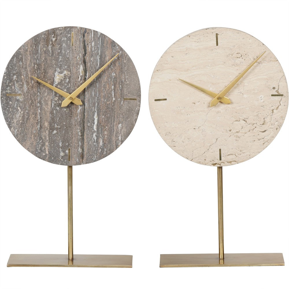 Product photograph of Libra Interiors Dark Travertine Mantle Clock On Gold Stand from Olivia's.