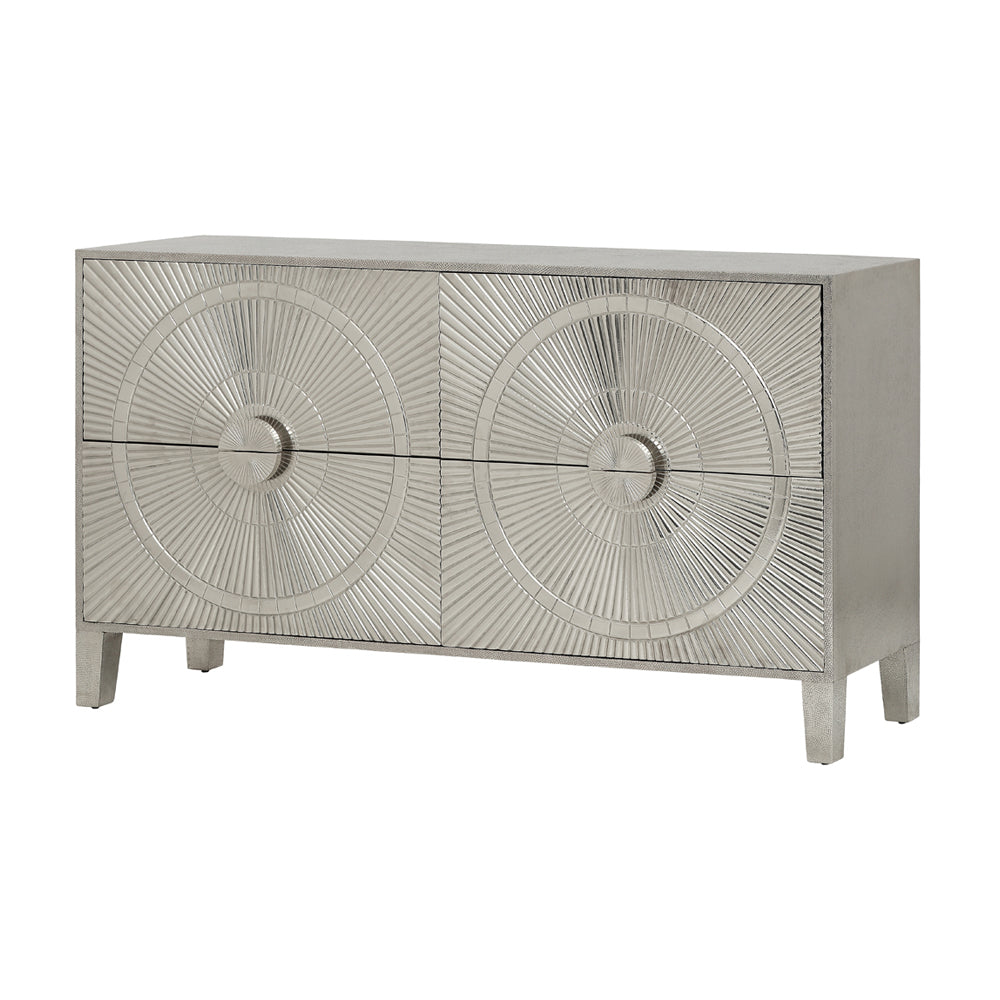 Product photograph of Libra Interiors Coco Silver Embossed Metal 4 Drawer Sideboard from Olivia's