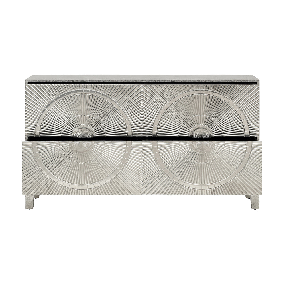 Product photograph of Libra Interiors Coco Silver Embossed Metal 4 Drawer Sideboard from Olivia's.