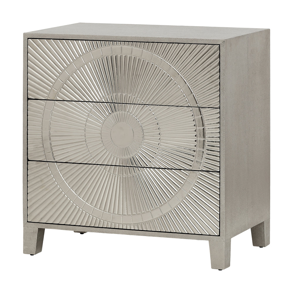 Product photograph of Libra Interiors Coco Silver Embossed Metal 3 Drawer Chest from Olivia's
