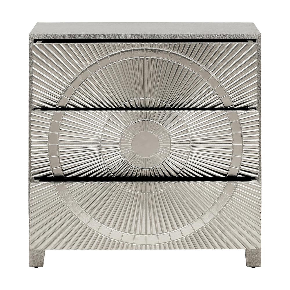 Product photograph of Libra Interiors Coco Silver Embossed Metal 3 Drawer Chest from Olivia's.