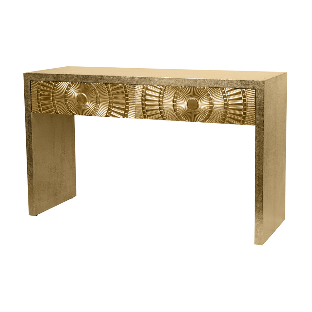 Product photograph of Libra Interiors Coco Gold Embossed Metal Console Table from Olivia's