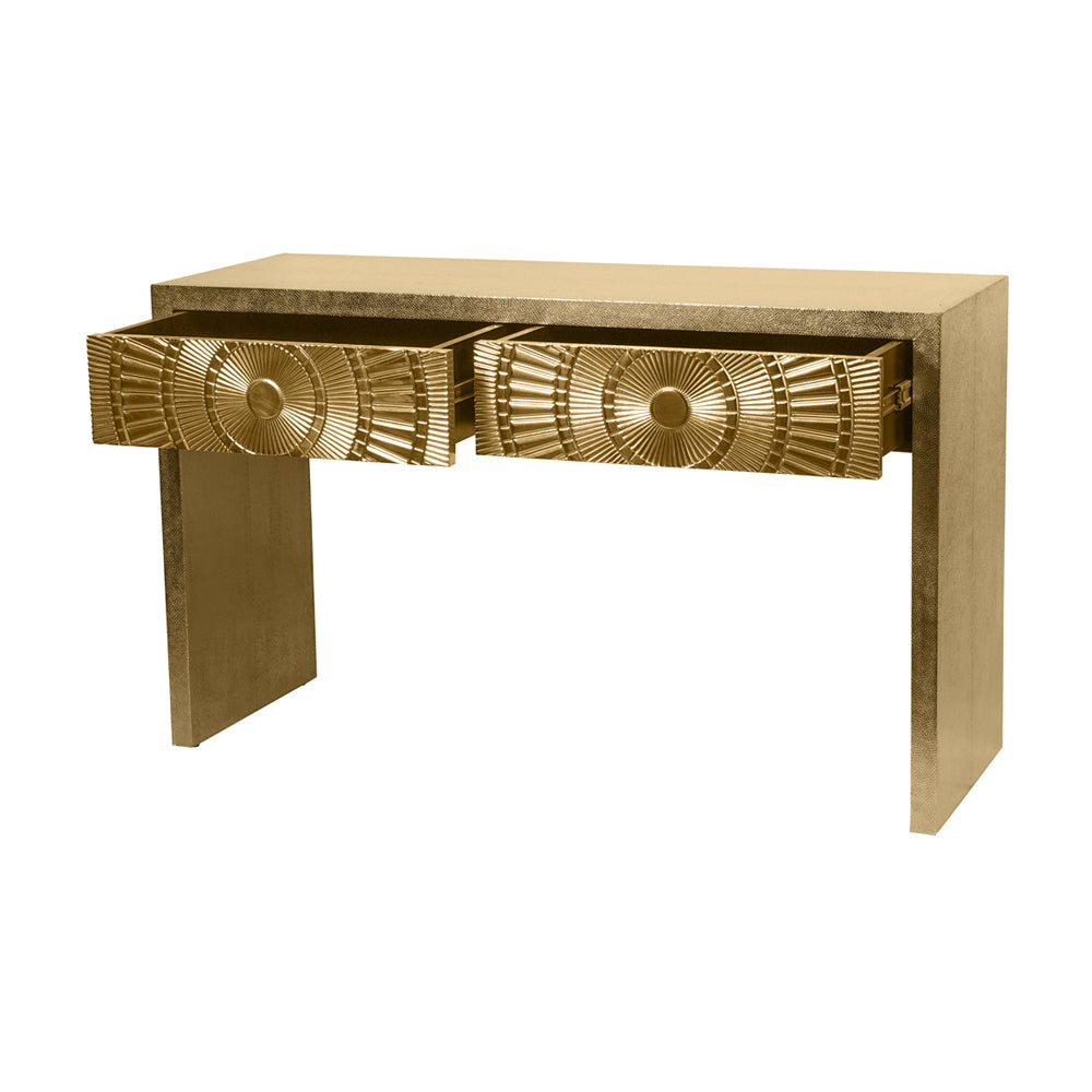 Product photograph of Libra Interiors Coco Gold Embossed Metal Console Table from Olivia's.