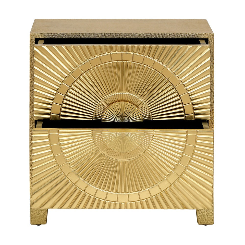 Product photograph of Libra Interiors Coco Gold Embossed Metal 2 Drawer Bedside Table from Olivia's.