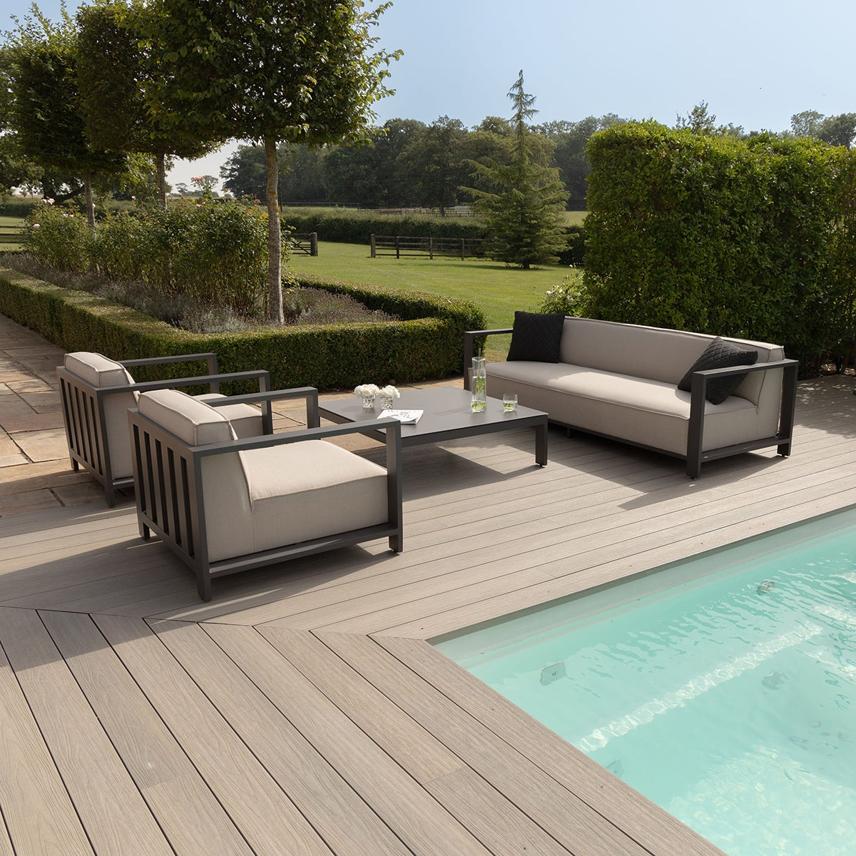 Product photograph of Maze Outdoor Ibiza 3 Seater Sofa Set With Square Coffee Table In Oatmeal from Olivia's.