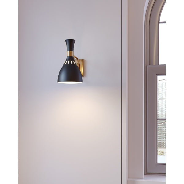 Product photograph of Elstead Joan 1 Light Wall Light Midnight Black And Burnished Brass Outlet from Olivia's.